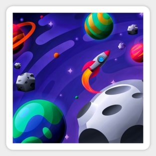 Colorful Outer Space with Planets and Spaceship Sticker